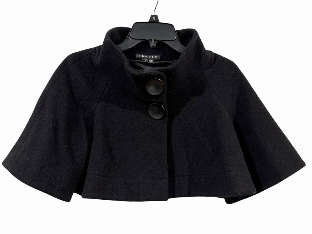 Theory Black Wool Silk Blend Cropped Cape Jacket Women’s S Timeless Classic